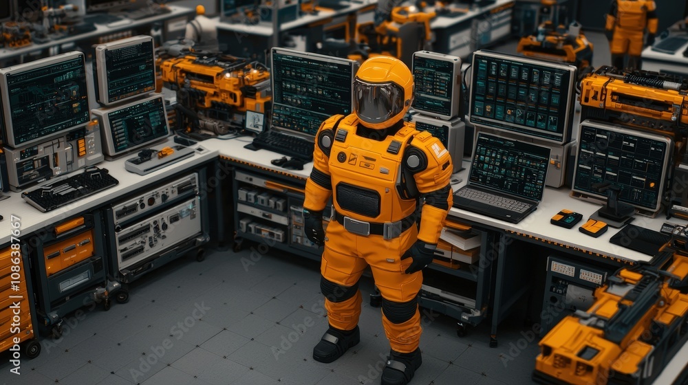 Futuristic Worker in High Tech Control Room with Advanced Technology Futuristic Worker in High Tech Control Room with Advanced Technology