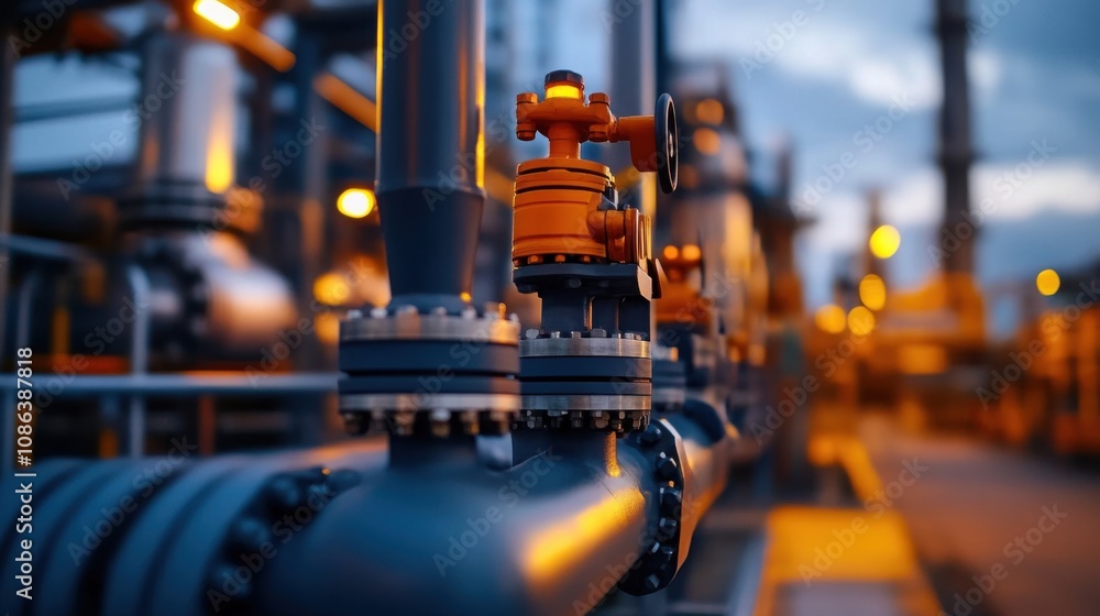 Industrial Pipeline with Valves and Control Systems Illuminated at Dusk, Featuring Metallic Components and Modern Equipment in a Dynamic Energy Environment Industrial Pipeline with Valves and Control Systems Illuminated at Dusk, Featuring Metallic Components and Modern Equipment in a Dynamic Energy Environment