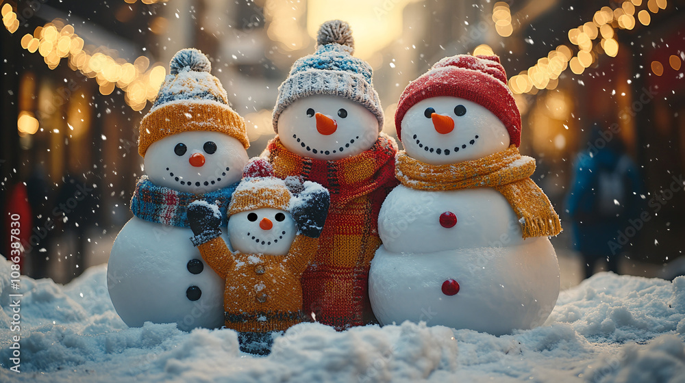 Fototapeta premium Three snowmen family ready for winter in hats and scarves, set in a snowy scene. Ideal for winterthemed designs. Generated AI