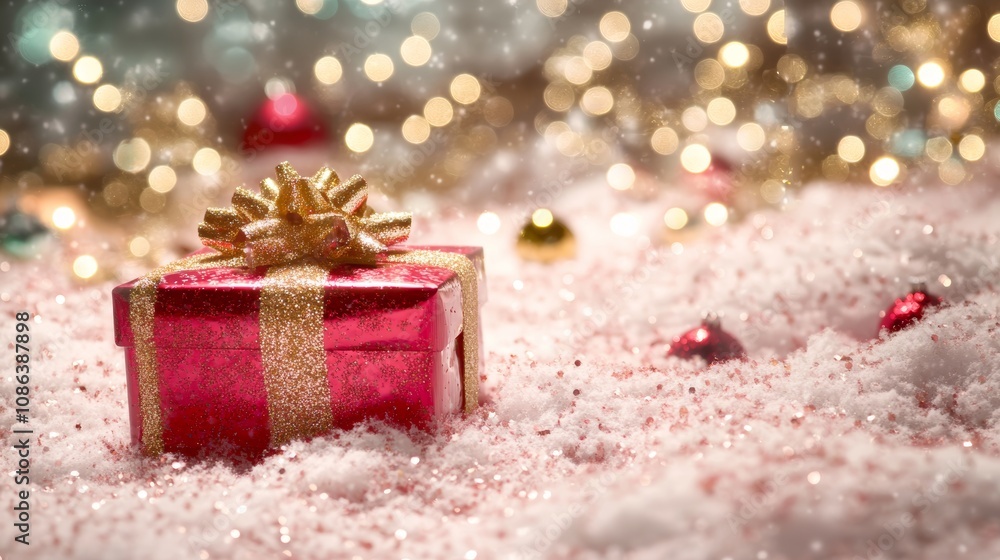A vibrant red gift box adorned with a shimmering gold bow, nestled in a blanket of soft, white snow, evoking festive cheer and winter magic. A vibrant red gift box adorned with a shimmering gold bow, nestled in a blanket of soft, white snow, evoking festive cheer and winter magic.