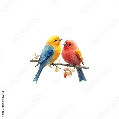 Watercolor lovebirds couple on a branch clipart. love Birds and heart watercolor illustration.