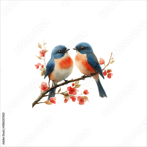 Watercolor lovebirds couple on a branch clipart. love Birds and heart watercolor illustration.