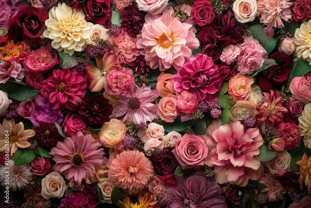A vibrant floral arrangement with a mix of roses, dahlias, and other blooms in various shades of pink, red, and white. A vibrant floral arrangement with a mix of roses, dahlias, and other blooms in various shades of pink, red, and white.