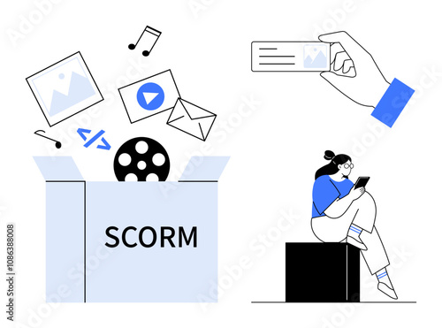 SCORM package containing multimedia elements thumbs up videos, images, and codes next to a person engaging with content on a device. Ideal for e-learning, course development, multimedia, education