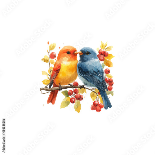Watercolor lovebirds couple on a branch clipart. love Birds and heart watercolor illustration.