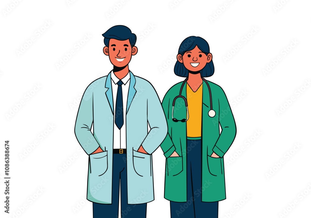 A male and female doctor stand together. Hand drawn style vector design illustrations.
A male and female doctor stand together. Hand drawn style vector design illustrations.