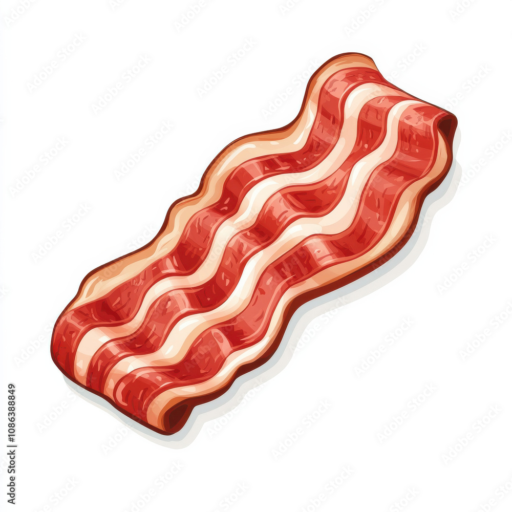 Delicious cartoon style bacon strip with wavy texture and vibrant colors,