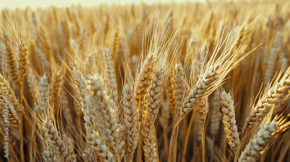 Fototapeta premium Golden wheat sways gently in the breeze, creating a vibrant tapestry across the sunlit field, symbolizing abundance and the beauty of natures harvest.