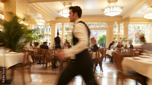 Busy Waiter Serving Customers in Restaurant Scene