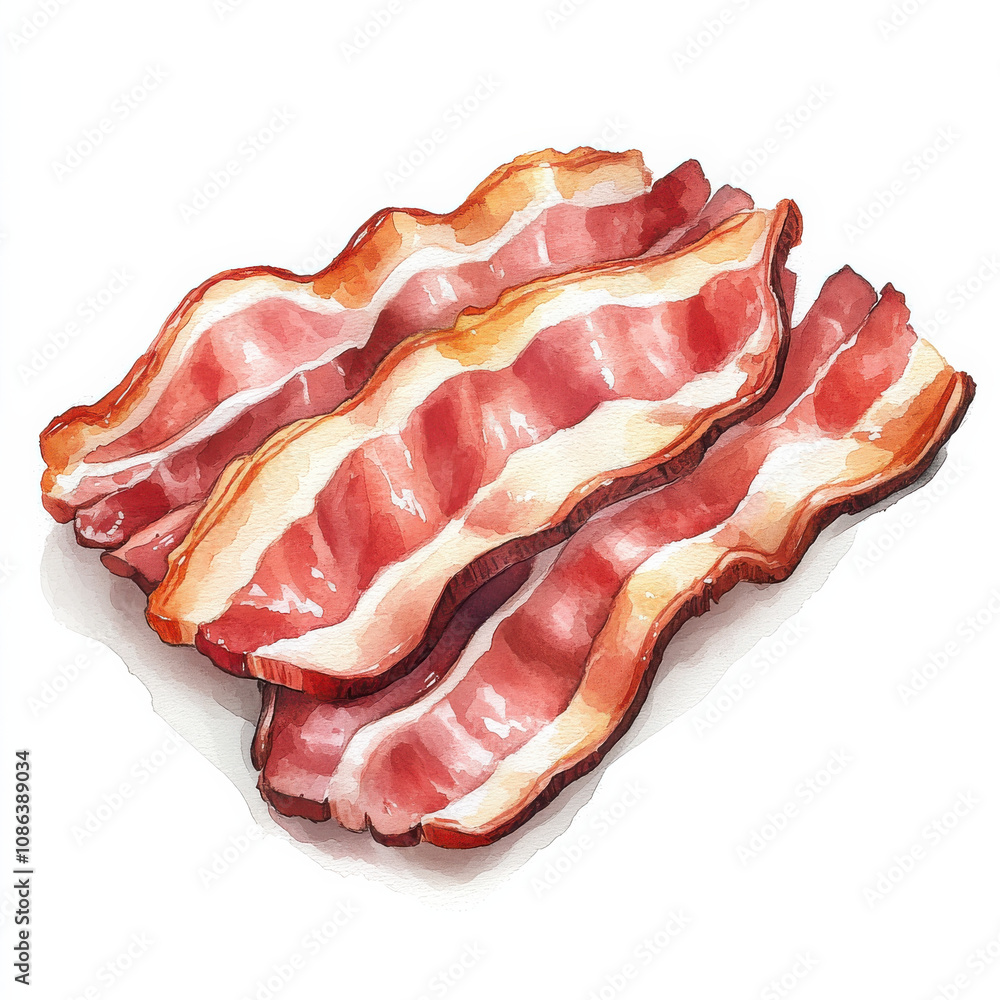 Delicious watercolor illustration of cartoon style pork bacon, showcasing its crispy texture and vibrant colors, perfect for food related designs
