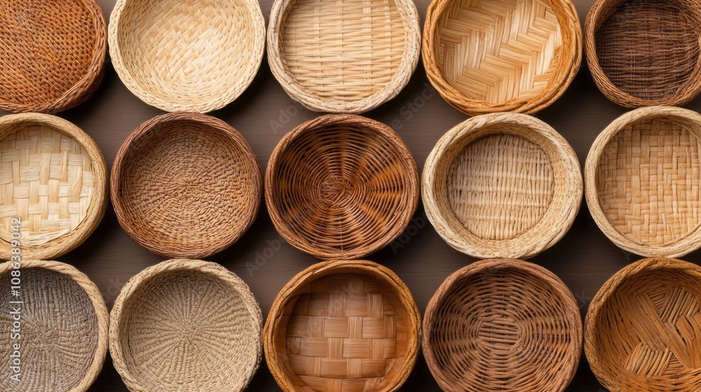 A collection of intricately woven baskets in various natural colors, showcasing craftsmanship and design diversity. A collection of intricately woven baskets in various natural colors, showcasing craftsmanship and design diversity.
