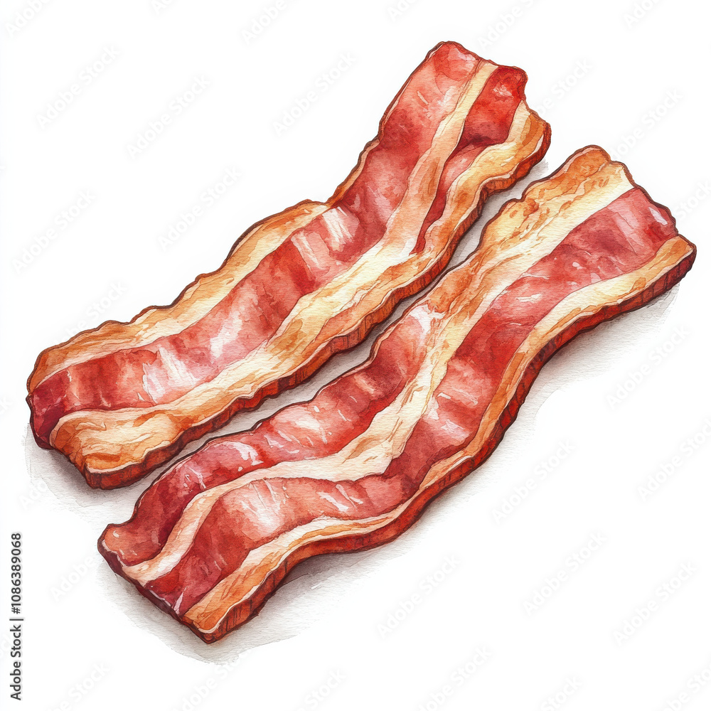 Delicious watercolor illustration of two crispy bacon strips, showcasing their rich colors and textures, perfect for food related designs