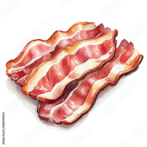 Obraz na płótnie Delicious watercolor illustration of cartoon style pork bacon, showcasing its crispy texture and vibrant colors, perfect for food related designs w salonie