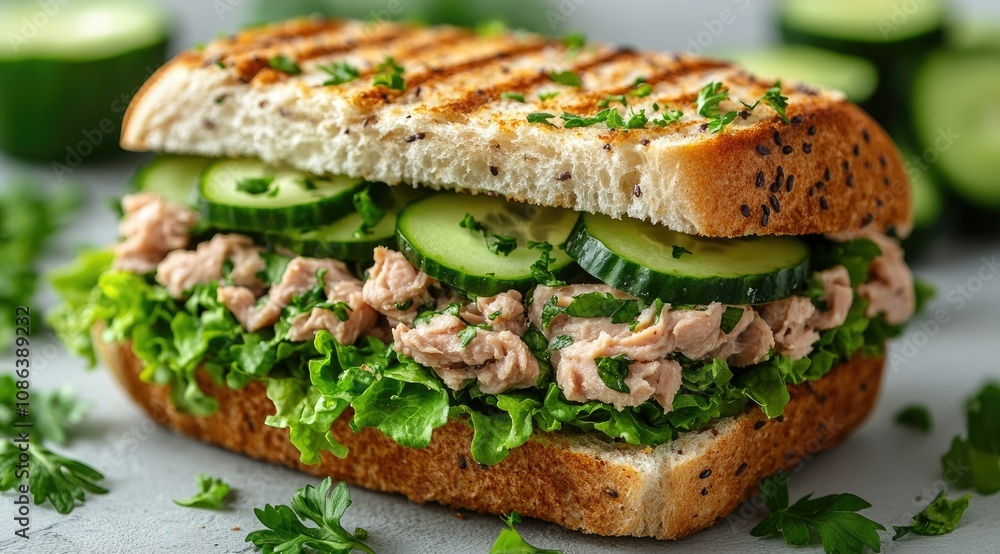 Grilled tuna sandwich with cucumber and lettuce. Grilled tuna sandwich with cucumber and lettuce.
