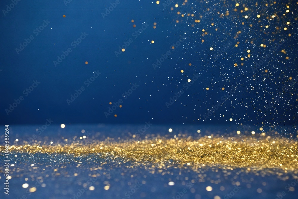 Obraz premium Gold glitter overlay on a deep blue background, gold accents, festive atmosphere