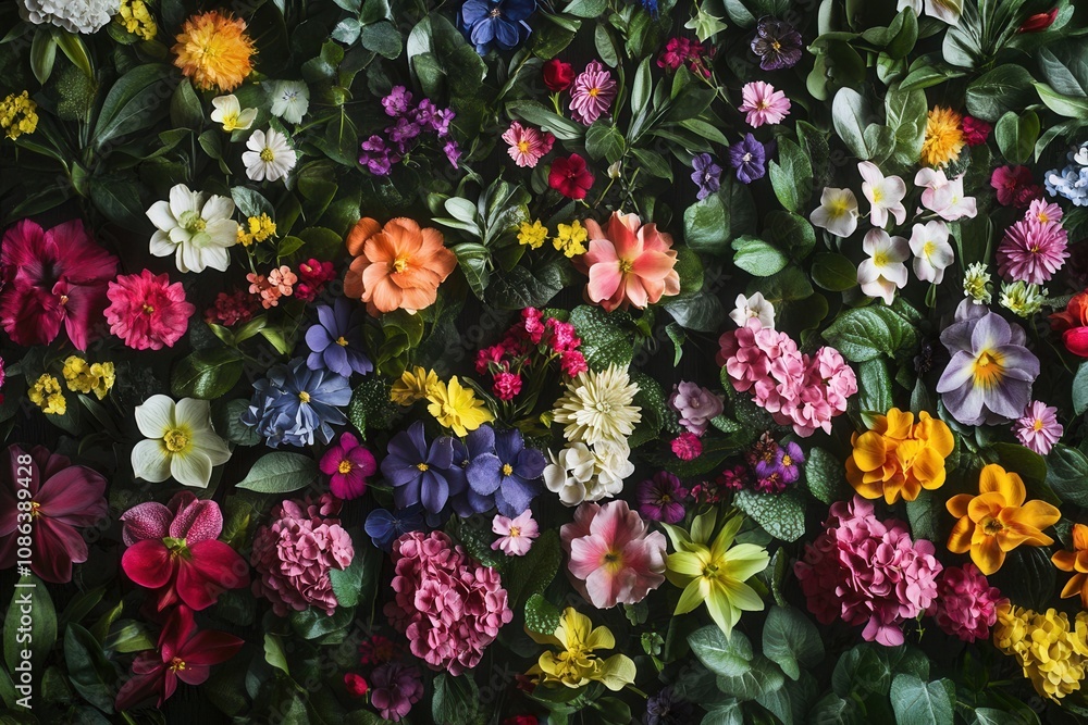 A vibrant floral pattern of various flowers in bloom against a dark background. A vibrant floral pattern of various flowers in bloom against a dark background.