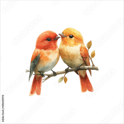 Watercolor lovebirds couple on a branch clipart. love Birds and heart watercolor illustration.