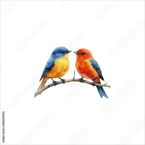 Watercolor lovebirds couple on a branch clipart. love Birds and heart watercolor illustration.