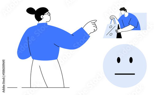 Wallpaper Mural Female shopper pointing forward, man holding shopping bag, and neutral emoticon on white background. Ideal for consumer behavior, shopping, e-commerce, customer service, retail, minimalistic design Torontodigital.ca