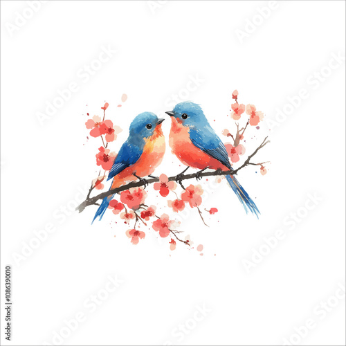 Watercolor lovebirds couple on a branch clipart. love Birds and heart watercolor illustration.