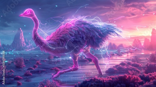 A vibrant, neon-colored ostrich runs through a surreal landscape, illuminated by glowing streaks of light. photo