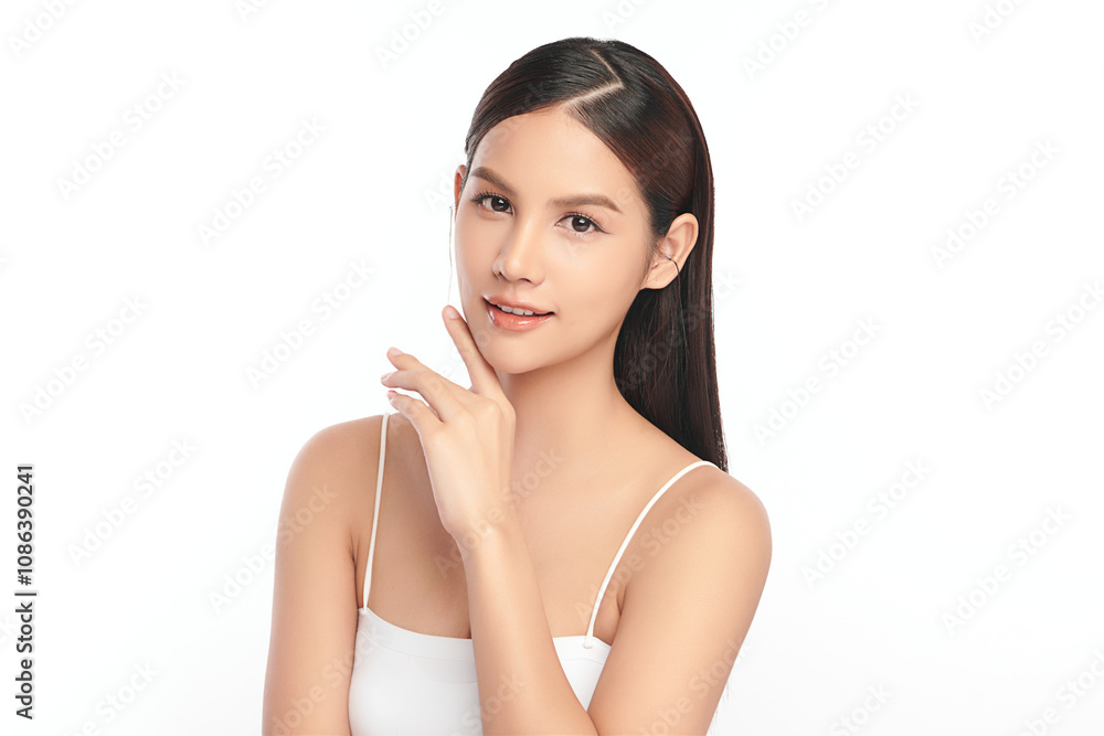 Beautiful young asian woman with clean fresh skin on white background, Face care, Facial treatment, Cosmetology, beauty and spa, Asian women portrait.