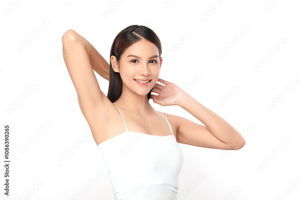 Beautiful Young Asian woman lifting hands up to show off clean and hygienic armpits or underarms on white background, Smooth armpit cleanliness and protection concept