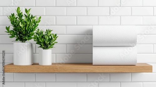 White toilet paper rolls neatly stacked on bathroom shelf, modern minimal decor