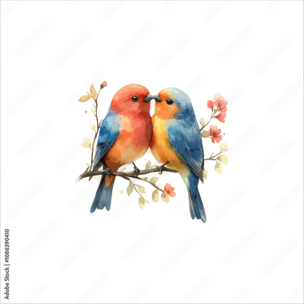 Obraz premium Watercolor lovebirds couple on a branch clipart. love Birds and heart watercolor illustration.
