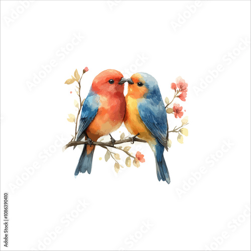 Watercolor lovebirds couple on a branch clipart. love Birds and heart watercolor illustration.