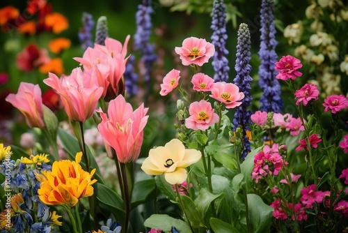 A vibrant mix of colorful flowers bloom in a lush garden setting.