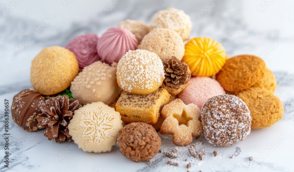 An inviting display features a variety of Christmas cookies, showcasing festive colors and unique shapes perfect for holiday gatherings An inviting display features a variety of Christmas cookies, showcasing festive colors and unique shapes perfect for holiday gatherings