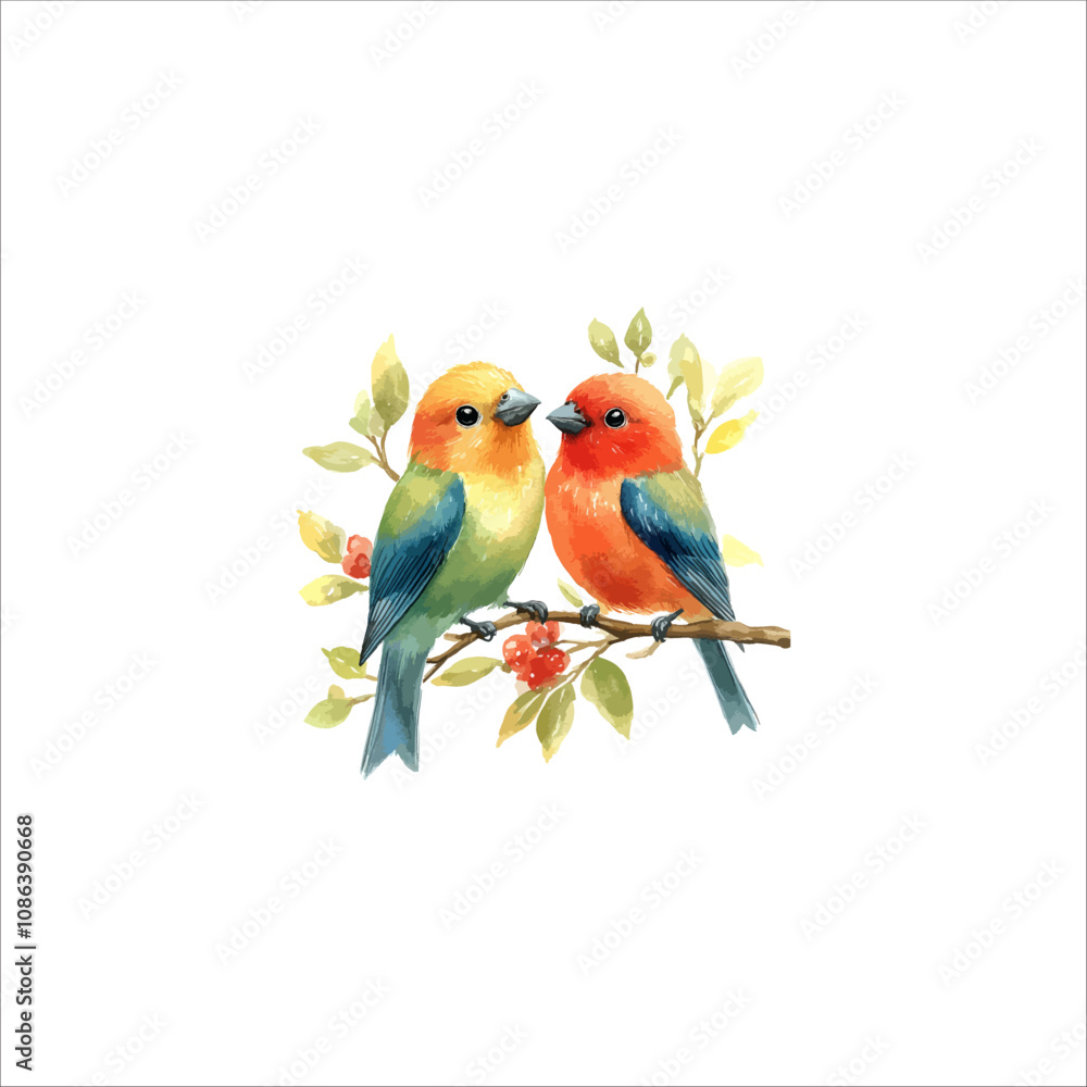 Obraz premium Watercolor lovebirds couple on a branch clipart. love Birds and heart watercolor illustration.