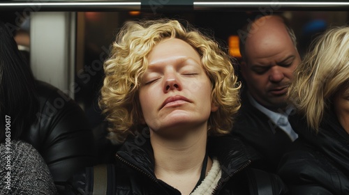 a medium shot of a 30 year old woman with blonde hair sitting in a subway car full of people. There are people sitting on either side of her. Her eyes and mouth are closed. We see the woman's full fac photo