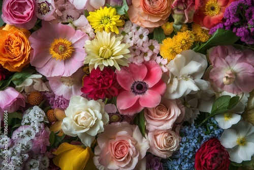 A vibrant mix of colorful flowers in a close-up shot.