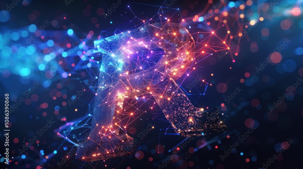 Abstract digital art with two hands forming an R shape, connected by glowing lines and particles on a blue background. Abstract digital art with two hands forming an R shape, connected by glowing lines and particles on a blue background.