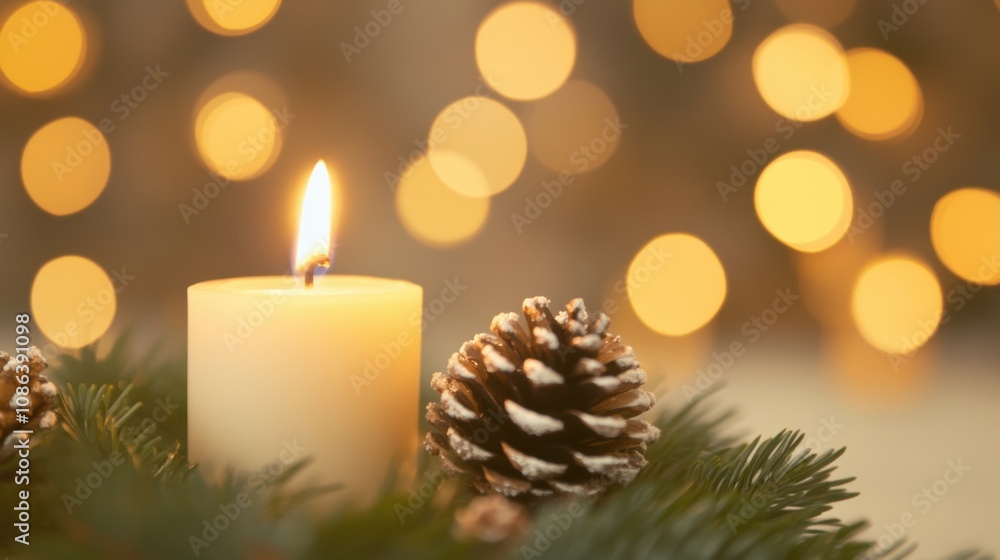 Warm candlelight illuminates pine cones nestled among greenery, creating a cozy and inviting holiday atmosphere for Christmas celebrations Warm candlelight illuminates pine cones nestled among greenery, creating a cozy and inviting holiday atmosphere for Christmas celebrations