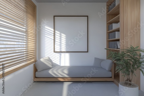 Minimalist living room interior with a large framed canvas mockup above a daybed  bookshelf  and a potted plant  with sunlight streaming through the window.