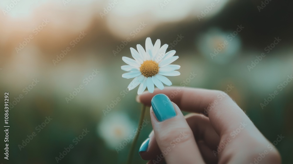 A female hand with vibrant blue nails gently holds a daisy, capturing the peaceful essence of nature at dusk A female hand with vibrant blue nails gently holds a daisy, capturing the peaceful essence of nature at dusk