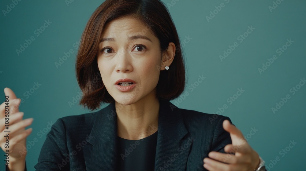 A professional woman gestures while discussing a topic. A professional woman gestures while discussing a topic.