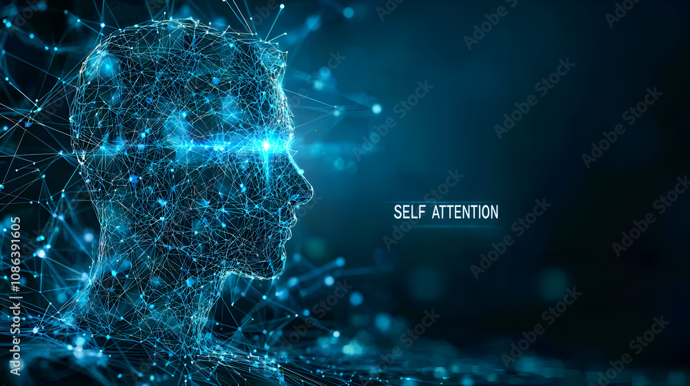 Futuristic Digital Art of Human Head with Neural Networks and Self Attention Mechanism Data Visualization on Blue Background Futuristic Digital Art of Human Head with Neural Networks and Self Attention Mechanism Data Visualization on Blue Background