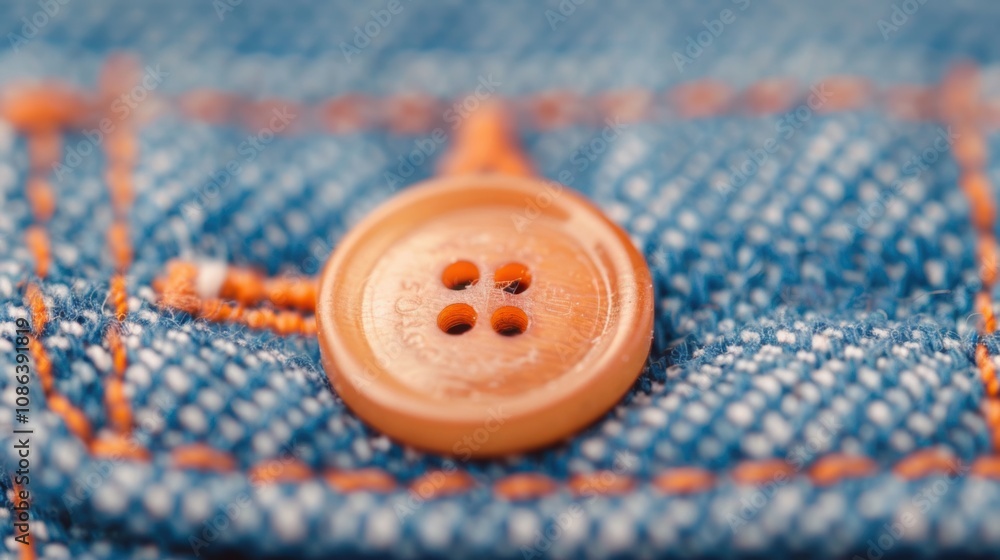 A detailed view of a brown button fastened on denim fabric, showcasing the stitching and texture of the material A detailed view of a brown button fastened on denim fabric, showcasing the stitching and texture of the material