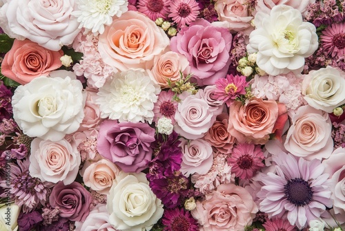 A vibrant tapestry of pink, white, and purple roses and flowers.