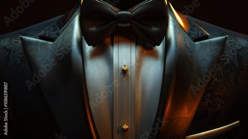Close-up of a black tuxedo with a black bow tie and gold buttons.