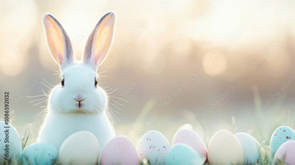 An Easter Bunny sits amidst colorful eggs in a sunny spring meadow, capturing the essence of the season's joy and celebration An Easter Bunny sits amidst colorful eggs in a sunny spring meadow, capturing the essence of the season's joy and celebration