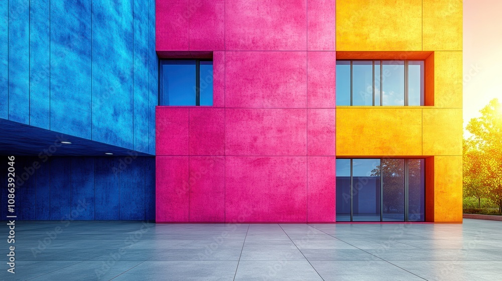 Colorful modern building with vibrant walls and large windows.