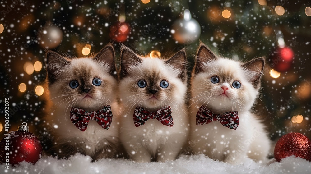 Three Ragdoll Kittens in Bow Ties Under a Snowy Christmas Tree Three Ragdoll Kittens in Bow Ties Under a Snowy Christmas Tree