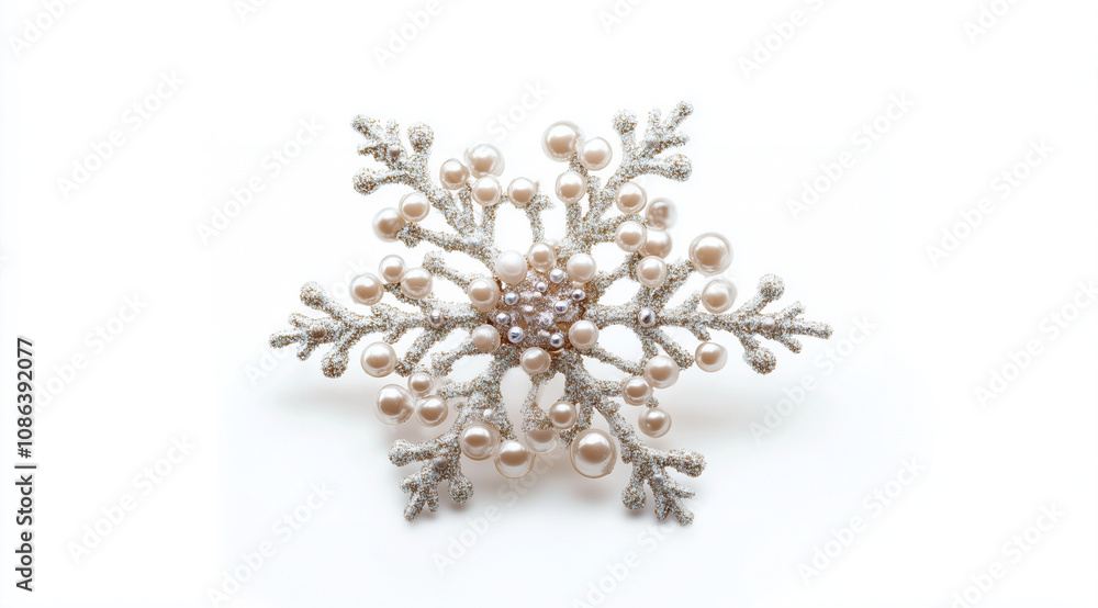 Decorative snowflake with sparkles and beads on a white background close up, created with Generative AI technology Decorative snowflake with sparkles and beads on a white background close up, created with Generative AI technology