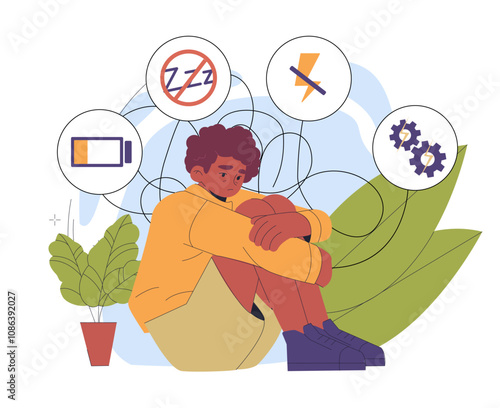 Boy with mental health problems. Frustration and depression. Teenager with psychological disorders. Low battery energy. Childhood trauma. Flat vector illustration isolated on white background