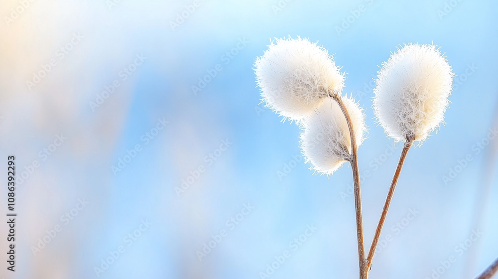Fototapeta premium Winter's Delicate Embrace: Three fluffy seed heads on a slender stem, bathed in soft, pastel light against a blurred sky. A tranquil image evoking serenity and the quiet beauty of nature. 